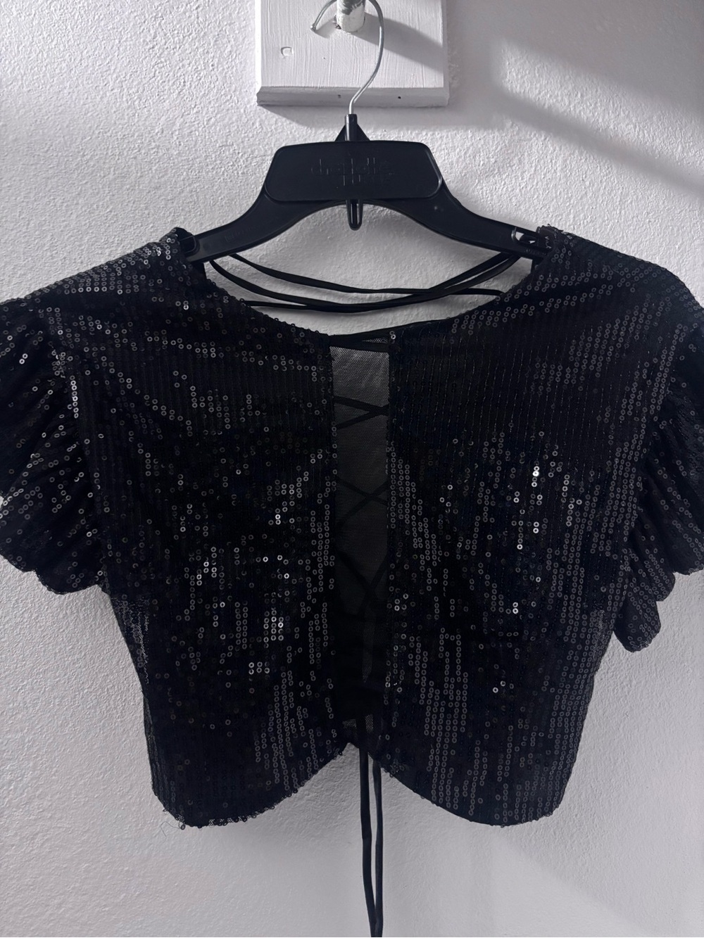 Black Sequin Lace-Up Crop Top with Short Sleeves